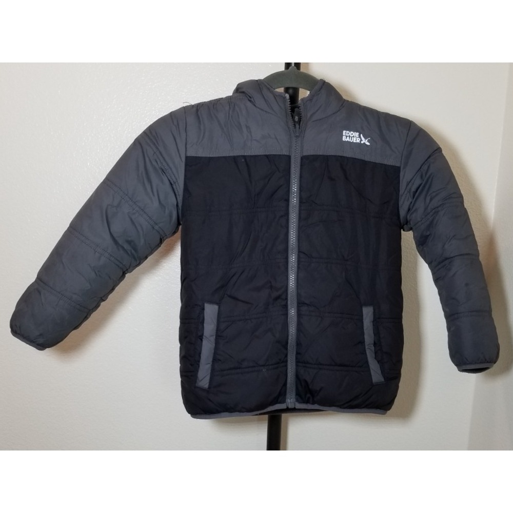 Eddie Bauer Reversible Puffer Fleece Hooded Jacket Boys Small Gray & Black